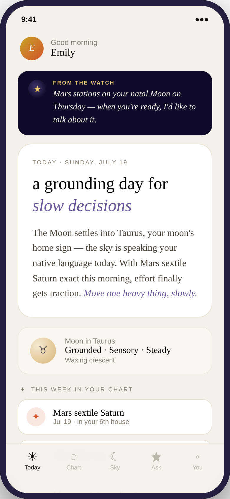 Theia's Today screen: a note from The Watch, and a daily reading headed “a grounding day for slow decisions”.